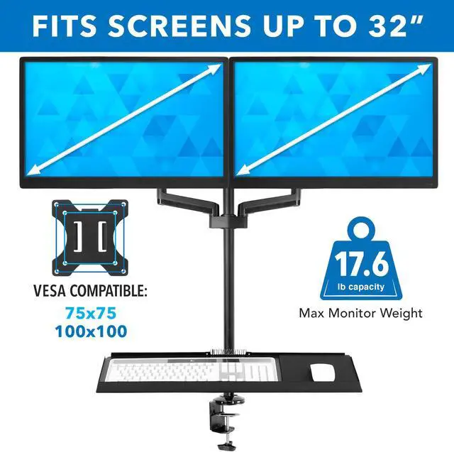 Alt view image 3 of 11 - Mount-It! Dual Monitor Standing Gaming Desk Mount with Keyboard Tray | Fits Up to 32" Screens