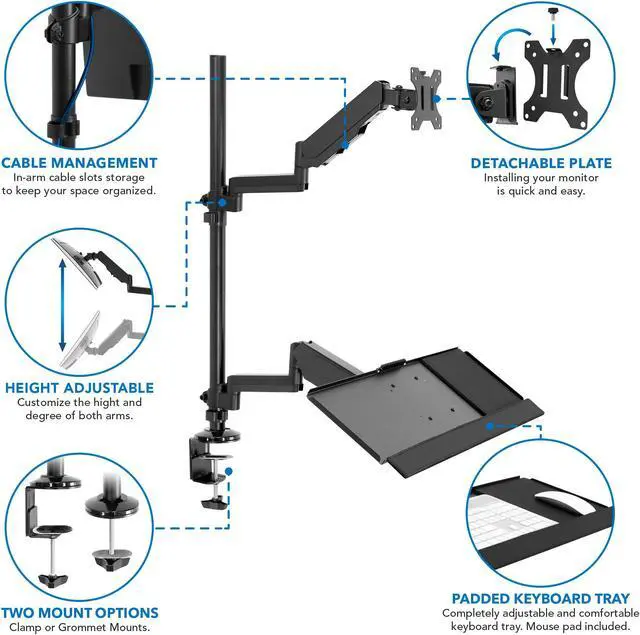 Alt view image 4 of 13 - Mount-It! Single Monitor Standing Gaming Desk Mount with Keyboard Tray | Fits Up to 32" Screens