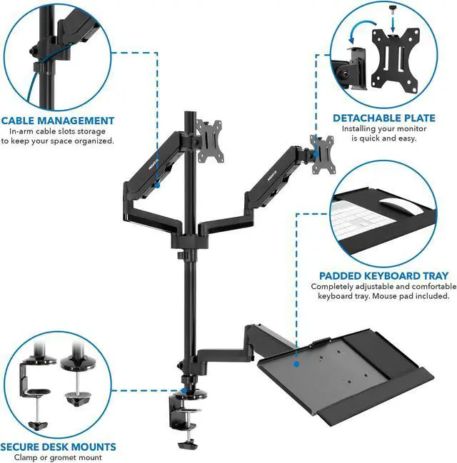 Alt view image 4 of 11 - Mount-It! Dual Monitor Standing Gaming Desk Mount with Keyboard Tray | Fits Up to 32" Screens
