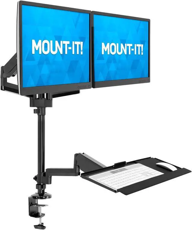 Main image of Mount-It! Dual Monitor Standing Gaming Desk Mount with Keyboard Tray | Fits Up to 32" Screens