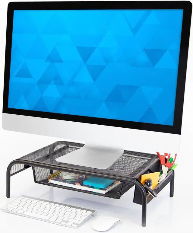 Alt view image 2 of 7 - Mount-It! Metal Mesh Monitor Stand Riser with Pullout Drawer | 32" Max Screen Size