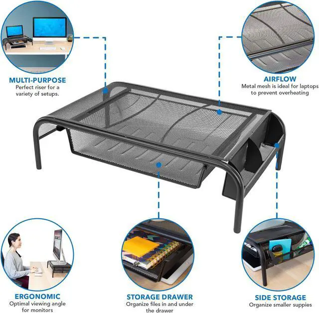 Alt view image 4 of 7 - Mount-It! Metal Mesh Monitor Stand Riser with Pullout Drawer | 32" Max Screen Size