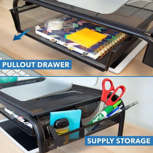 Alt view image 3 of 7 - Mount-It! Metal Mesh Monitor Stand Riser with Pullout Drawer | 32" Max Screen Size