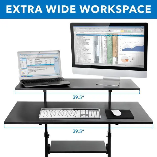 Alt view image 4 of 12 - Mount-It! Wide Mobile Stand Up Desk | Height Adjustable Rolling Workstation with 40" Wide Table Tops | Black