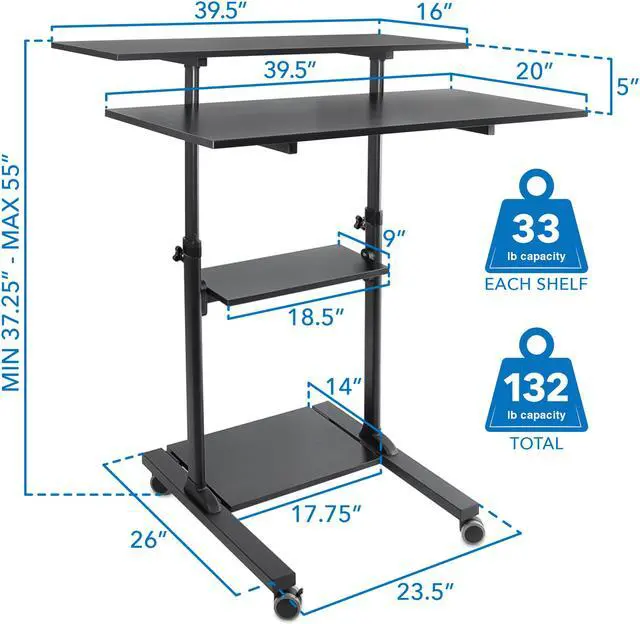 Alt view image 5 of 12 - Mount-It! Wide Mobile Stand Up Desk | Height Adjustable Rolling Workstation with 40" Wide Table Tops | Black