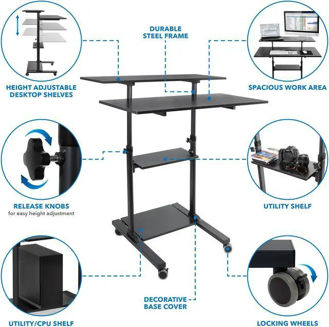 Alt view image 2 of 12 - Mount-It! Wide Mobile Stand Up Desk | Height Adjustable Rolling Workstation with 40" Wide Table Tops | Black
