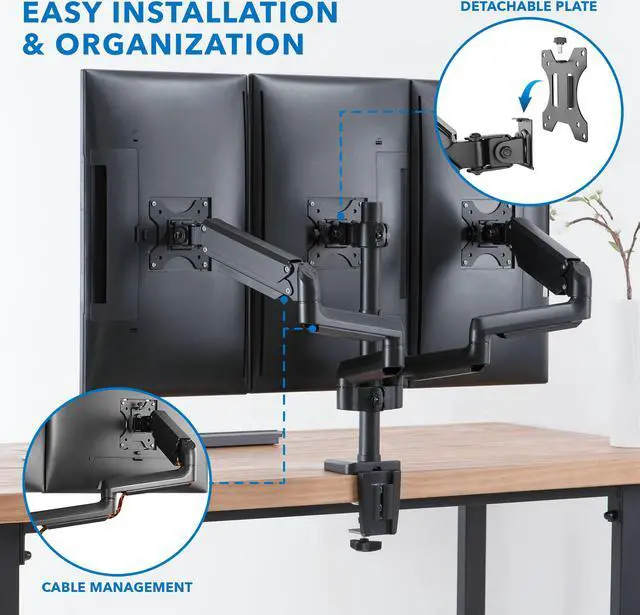Alt view image 2 of 15 - Mount-It! Adjustable Triple Monitor Mount with Gas Spring Arms Up to 27" Black (MI-4753B)