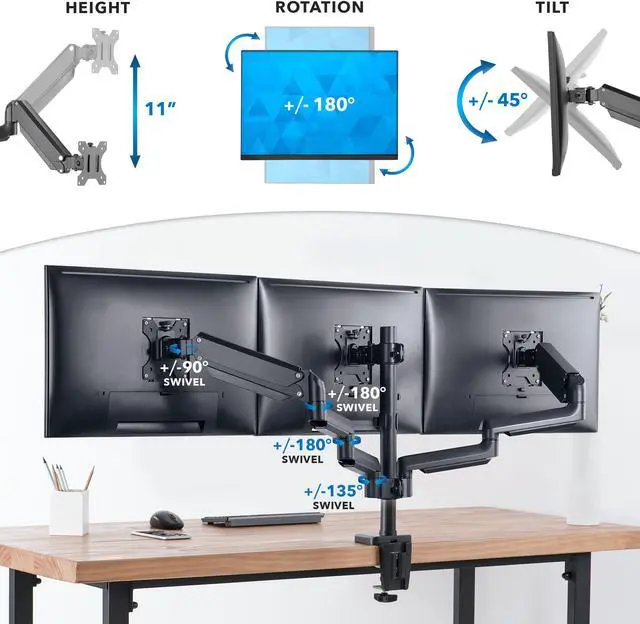 Alt view image 6 of 15 - Mount-It! Adjustable Triple Monitor Mount with Gas Spring Arms Up to 27" Black (MI-4753B)