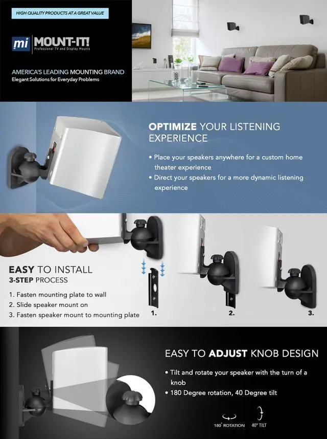 Alt view image 6 of 6 - Mount-It! Dual Low Profile Universal Speaker Wall Mounts | Set of 2
