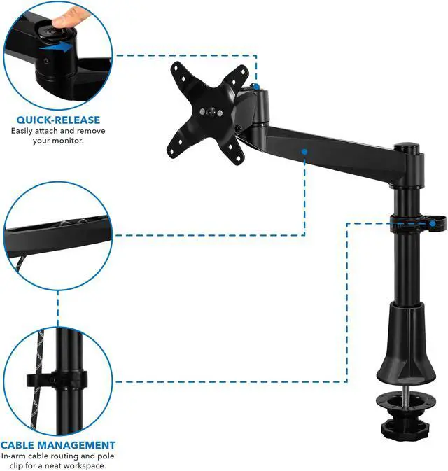 Alt view image 7 of 7 - Mount-It! Adjustable Single Monitor Desk Mount | Fits 17-32 Inch Screens