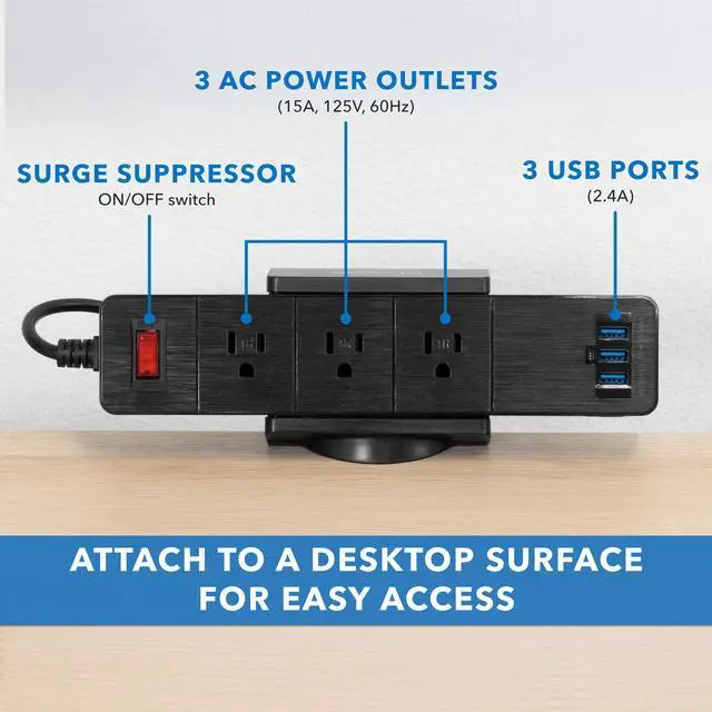 Alt view image 7 of 7 - Mount-It! Black Power Strip and Clamp Desk Mount | 3 USB and AC Ports
