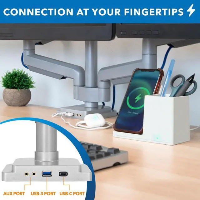 Alt view image 4 of 8 - Mount-It! Triple Monitor Mount | Built In USB and Audio Ports| Fits Up to 32" Screens