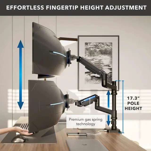 Alt view image 3 of 7 - Mount-It! ProFlex Adjustable Heavy-Duty Dual Monitor Mount with Pole & Gas Spring Arms, Fits 17" 49" Ultrawide Screens, Black