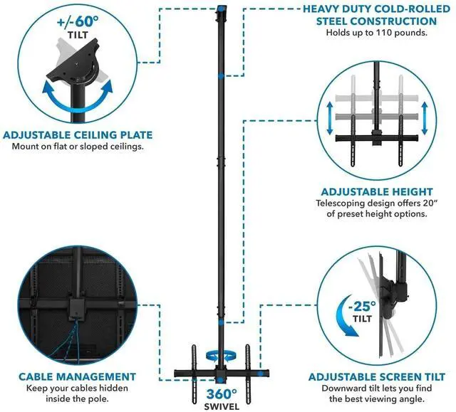 Alt view image 2 of 7 - Mount-It! Ceiling TV Mount | Fits 32"-77" TVs | Adjustable Extra Long 10 Feet Long