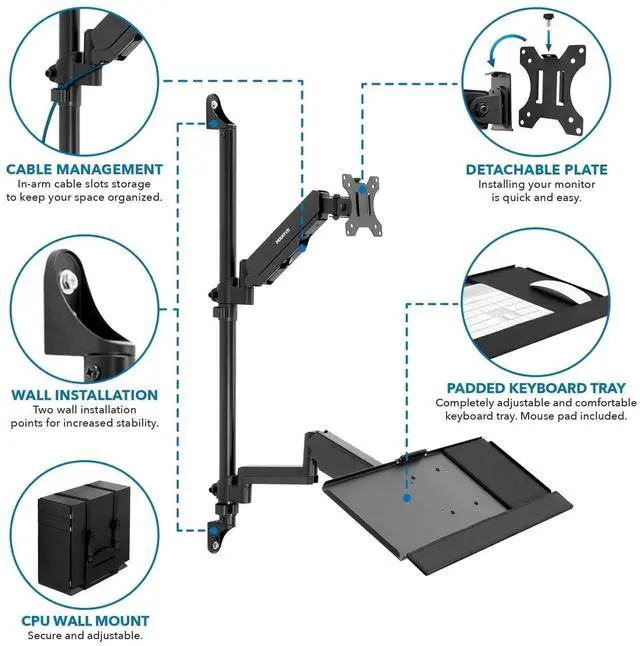 Alt view image 2 of 6 - Mount-It! Wall Mount Workstation with Single Monitor Mount, Keyboard Tray, and CPU Holder