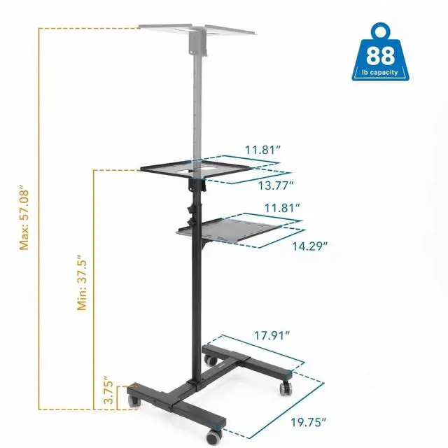 Alt view image 4 of 7 - Mount-It! Mobile Projector Stand | Rolling Height Adjustable Laptop and Projector Presentation Cart, Holds up to 88 lbs.