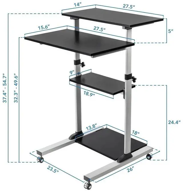 Alt view image 7 of 7 - Mount-It! Mobile Standing Desk Workstation | Height Adjustable Computer Rolling Cart | Black & Silver