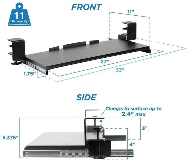 Alt view image 6 of 7 - Mount-It! Clamp Keyboard Tray | Pull Out Keyboard and Mouse Platform with No-Drill Easy Installation | 27 Inch Wide