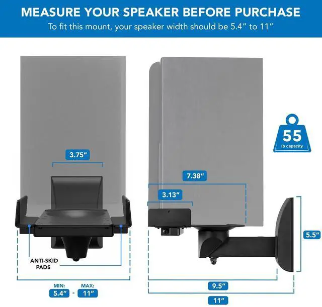 Alt view image 6 of 7 - Mount-It! Speaker Wall Mounts | Universal Side Clamping Bookshelf Speaker Mounting Brackets | 2 Mounts