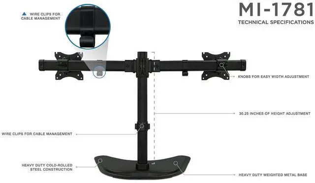 Alt view image 3 of 5 - Mount-It! Dual Monitor Stand | Height Adjustable Fits Up to 27" Screens