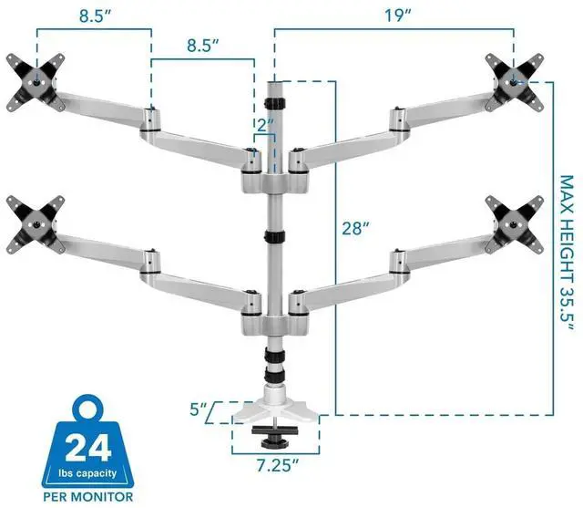 Alt view image 7 of 7 - Mount-It! Articulating Quad Monitor Desk Mount | Fits 13-27 Inch Screens