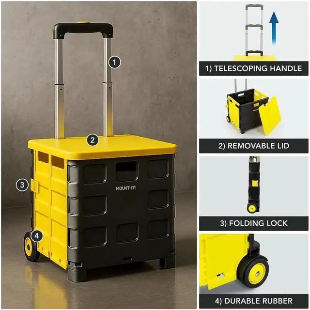 Alt view image 3 of 7 - Mount-It! Rolling Utility Cart | Folding Collapsible Hand Crate with Lid | 55 lbs Capacity
