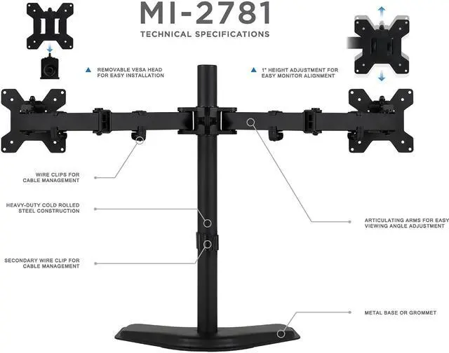 Alt view image 5 of 17 - Mount-It! Dual Monitor Stand | Fits Up to 32" Screens | Full Motion Arms