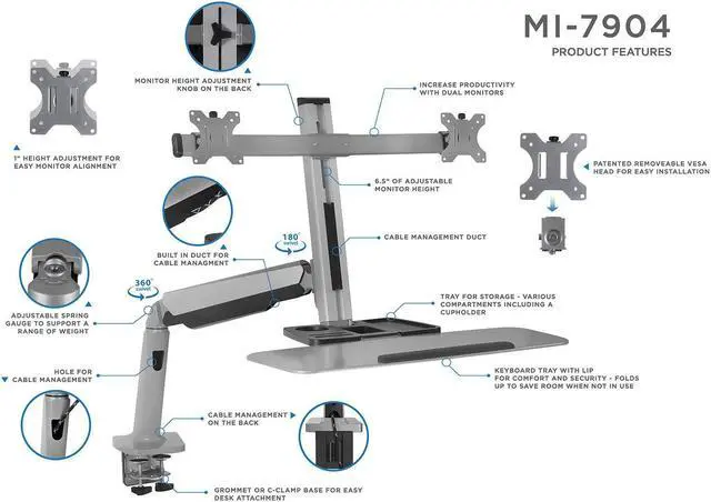 Alt view image 5 of 6 - Mount-It! Standing Desk Workstation with Dual Monitor Mount | Max 27" Screens