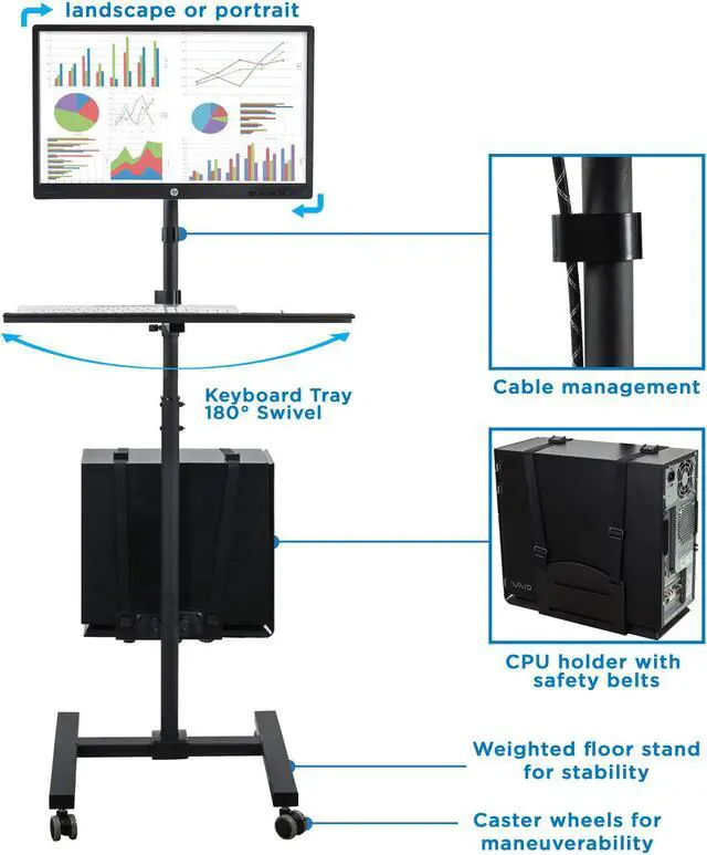 Alt view image 3 of 14 - Mount-It! Rolling Computer Cart | Mobile Workstation with Tray Monitor Mount and CPU Holder