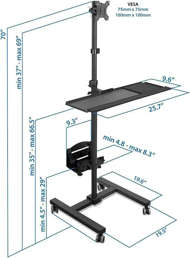 Alt view image 7 of 14 - Mount-It! Rolling Computer Cart | Mobile Workstation with Tray Monitor Mount and CPU Holder