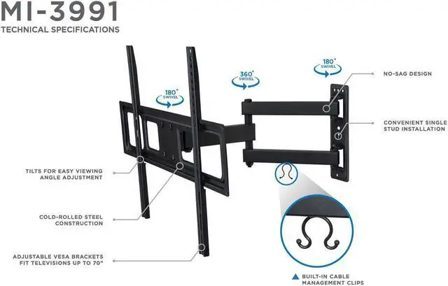 Alt view image 3 of 13 - Mount-It! Swivel TV Wall Mount Arm | 24 inch Extension | Fits 32" to 55" TVs