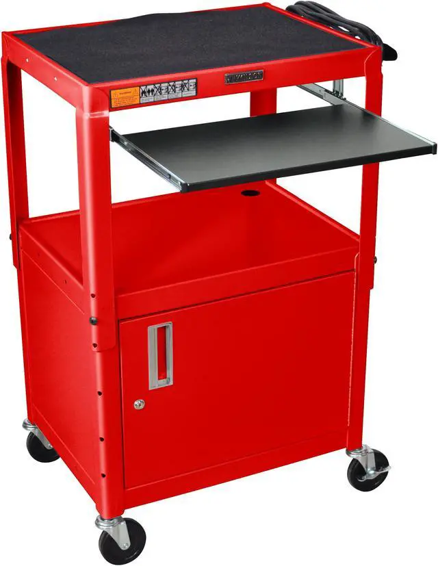 Alt view image 2 of 7 - Red 24W X 18D X 24 42H Steel Adjustable Height AV Cart  with Cabinet and Pullout Tray and Drop Leaf
