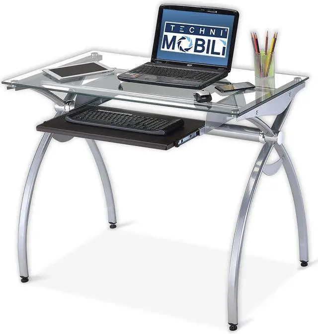 Alt view image 2 of 2 - Techni Mobili Ergonomic Curved Steel Frame Computer Desk with Tempered Glass Top