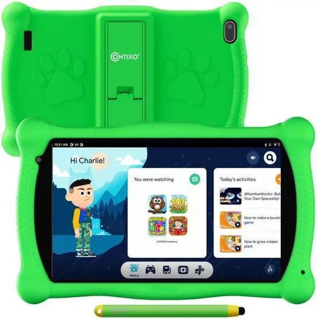 Main image of Kids Tablet with Teacher Approved Apps ($150 Value), Contixo 7-inch IPS HD Learning Tablet for Children, WiFi, Android, 2GB RAM 32GB ROM, Protective Case with Kickstand and Stylus, age 3-7, V10 Green