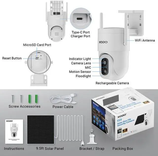 Alt view image 7 of 7 - XODO E15 Solar Outdoor Wireless Security Camera for Home Security, 2K 3MP Floodlight Pan-Tilt 360° View Cam with Color Night Vision, 2-Way Audio, Motion Detection, Siren, App Remote  Cloud/SD