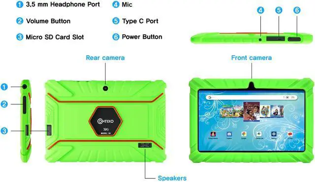 Alt view image 7 of 7 - Contixo V8-2 7 inch Kids Tablets Android 11, 32 GB HD Display Dual Cameras Wi-Fi, w/ 50 Disney eBooks, Case & Screen Protector Learning Toys for 2 -10 Years Old (2023 Sep Release, Green)