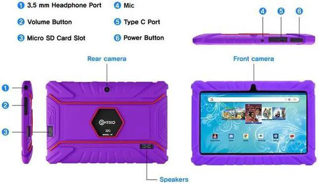 Alt view image 6 of 7 - Contixo V8-2 7 inch Kids Tablets Android 11, 32 GB HD Display Dual Cameras Wi-Fi, w/ 50 Disney eBooks, Case & Screen Protector Learning Toys for 2 -10 Years Old (2023 Sep Release, Purple)
