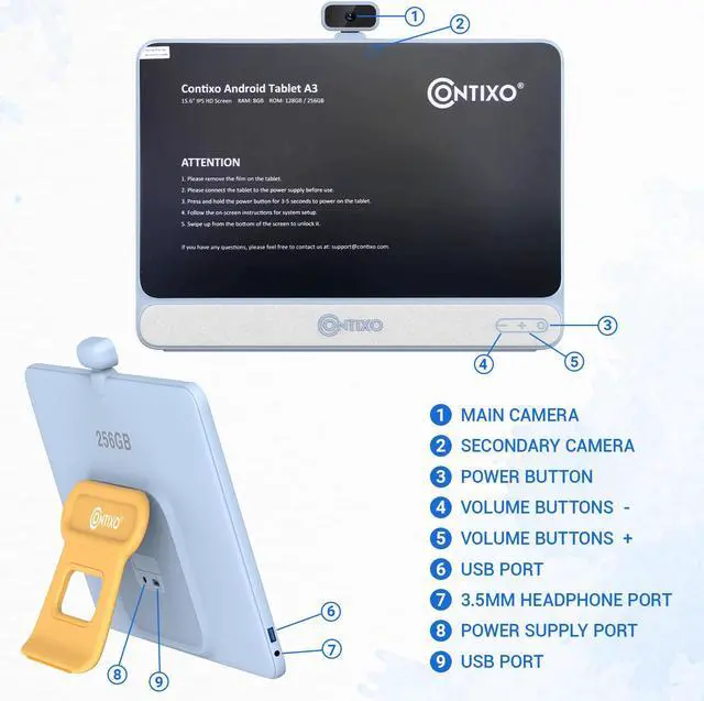 Alt view image 7 of 7 - Contixo A3 15.6" IPS HD Educational Tablet Touch Screen Android 8GB 256GB Octa-Core, 2.4G & 5G Wi-Fi Kids Tablet  w/ 80 Disney eBooks, 13MP Camera & Built-in 10W Speaker (2023 Sep New Release)