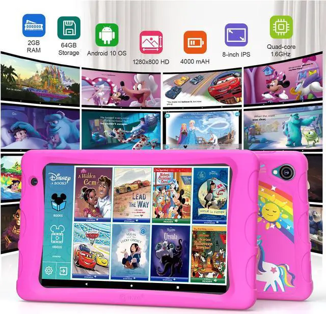 Alt view image 2 of 7 - Contixo K80 8" HD Pro Kids Tablet 64GB Dual Cameras Bluetooth Wi-Fi Shockproof Case w/ 80 Disney eBooks, for Children Toddlers Ages 3-10 Pink