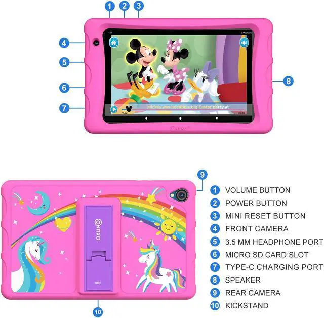 Alt view image 3 of 7 - Contixo K80 8" HD Pro Kids Tablet 64GB Dual Cameras Bluetooth Wi-Fi Shockproof Case w/ 80 Disney eBooks, for Children Toddlers Ages 3-10 Pink