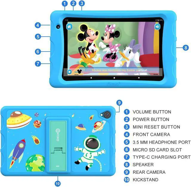 Alt view image 3 of 7 - Contixo K80 8" HD Pro Kids Tablet 64GB Dual Cameras Bluetooth Wi-Fi Shockproof Case w/ 80 Disney eBooks, for Children Toddlers Ages 3-10