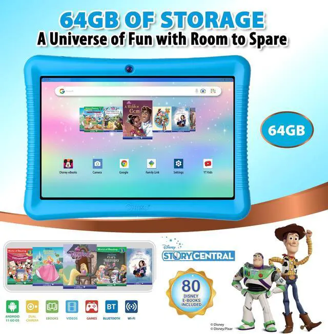 Alt view image 3 of 7 - Contixo 10" Kids Tablet w/ 80 Disney eBooks, Protective Case w/ Kickstand & Stylus, 64GB Storage, Camera, 1280x800 HD IPS Touch Screen LCD Display K102 Blue