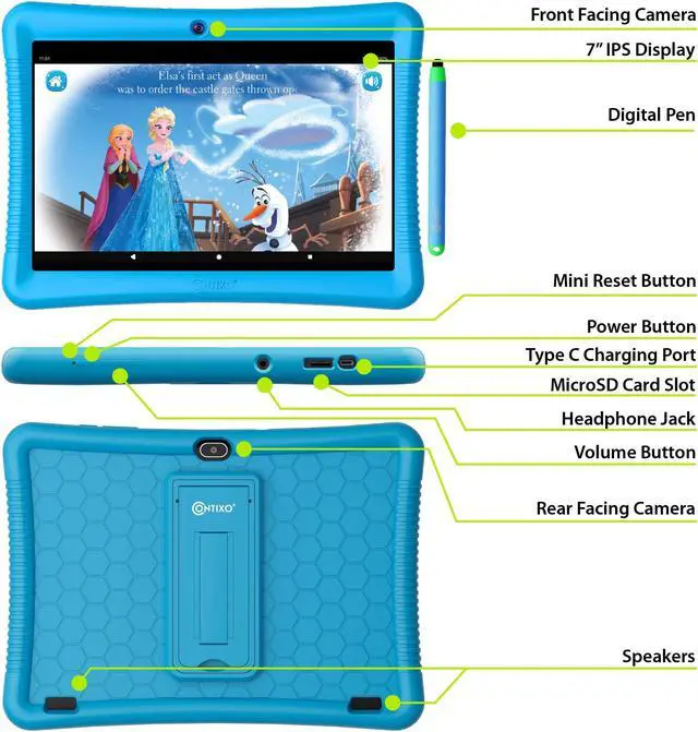 Alt view image 7 of 7 - Contixo 10" Kids Tablet w/ 80 Disney eBooks, Protective Case w/ Kickstand & Stylus, 64GB Storage, Camera, 1280x800 HD IPS Touch Screen LCD Display K102 Blue