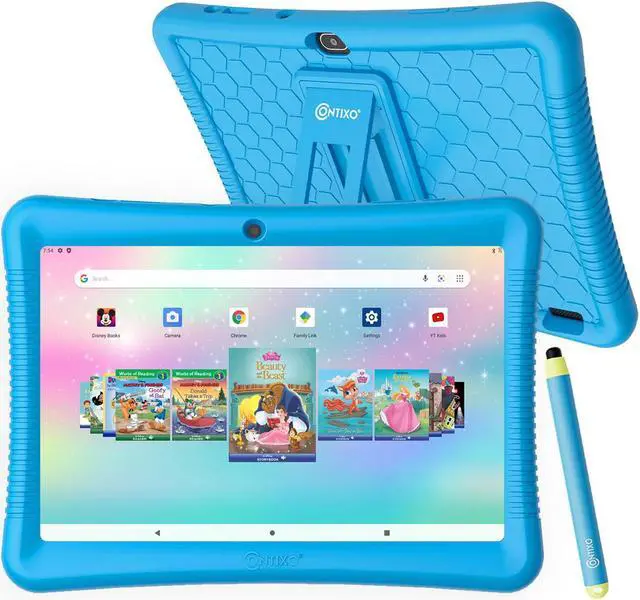 Main image of Contixo 10" Kids Tablet w/ 80 Disney eBooks, Protective Case w/ Kickstand & Stylus, 64GB Storage, Camera, 1280x800 HD IPS Touch Screen LCD Display K102 Blue