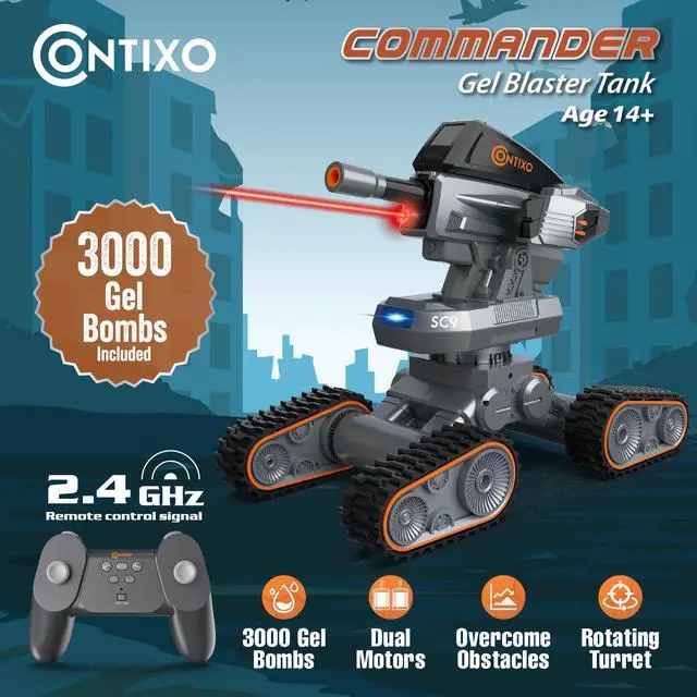Alt view image 2 of 4 - Contixo Remote Control Car - RC Tank with Gel Blaster, 4WD Remote Control Tank, LED, Rechargeable Battery, 360° Rotating RC Stunt Car, Battle Tank Toy