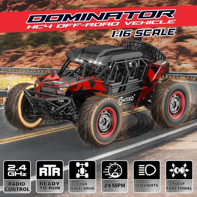 Main image of Contixo 1:16 All Terrain RC Cars, 25 MPH High Speed Remote Control Car with 2.4 GHz Remote Control, 4WD Electric Vehicle Off-Road Truck, 4X4 Waterproof RC Trucks Toys for Ages 8-13+ Red