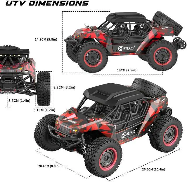 Alt view image 7 of 7 - Contixo 1:16 All Terrain RC Cars, 25 MPH High Speed Remote Control Car with 2.4 GHz Remote Control, 4WD Electric Vehicle Off-Road Truck, 4X4 Waterproof RC Trucks Toys for Ages 8-13+ Red