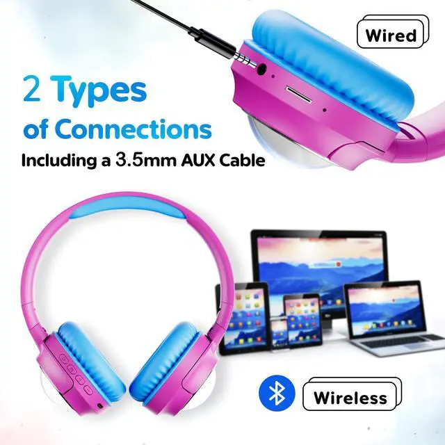 Alt view image 3 of 7 - contixo KB6 Wireless Bluetooth Headphones, 85/94dB Safe Volume,  Bluetooth 5.3, 3.5mm Jack, Foldable,Colorful LED Light,Wireless Headphones With Microphone For School/Travel/Plane, For Ages 3-16 Pink