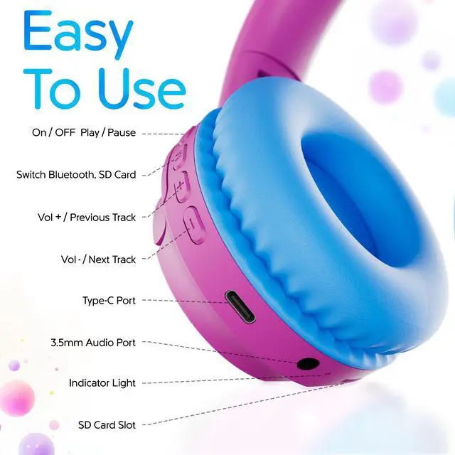 Alt view image 5 of 7 - contixo KB6 Wireless Bluetooth Headphones, 85/94dB Safe Volume,  Bluetooth 5.3, 3.5mm Jack, Foldable,Colorful LED Light,Wireless Headphones With Microphone For School/Travel/Plane, For Ages 3-16 Pink