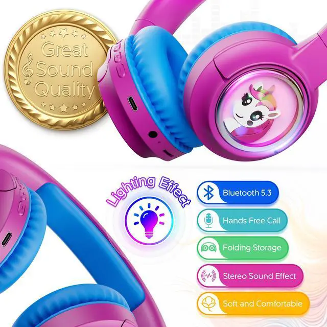 Alt view image 2 of 7 - contixo KB6 Wireless Bluetooth Headphones, 85/94dB Safe Volume,  Bluetooth 5.3, 3.5mm Jack, Foldable,Colorful LED Light,Wireless Headphones With Microphone For School/Travel/Plane, For Ages 3-16 Pink